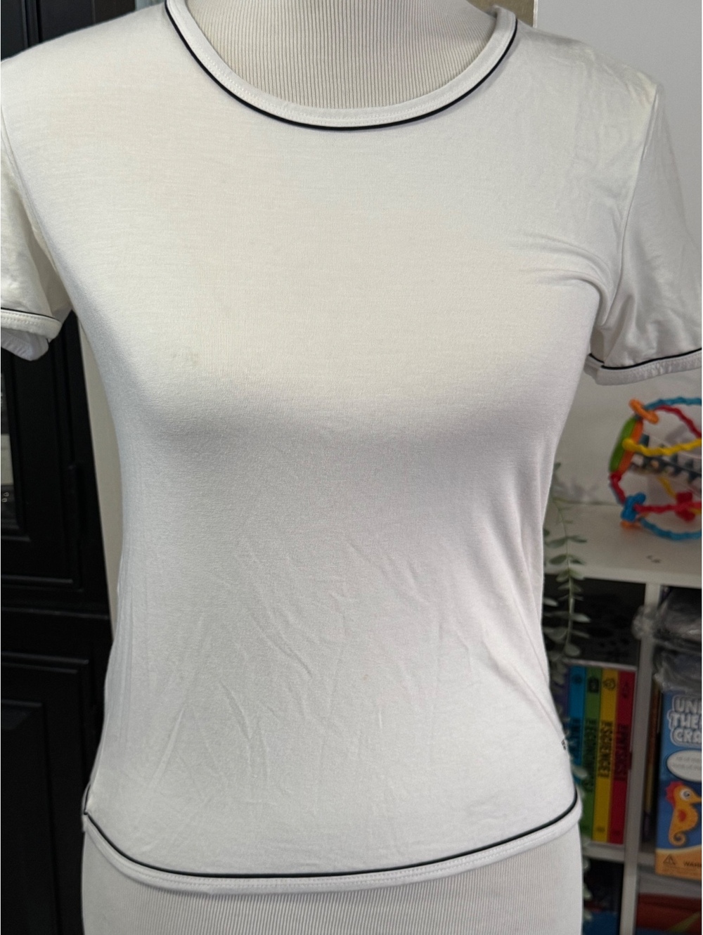 Rena Lange Red White Short Sleeve Top with Black Trim